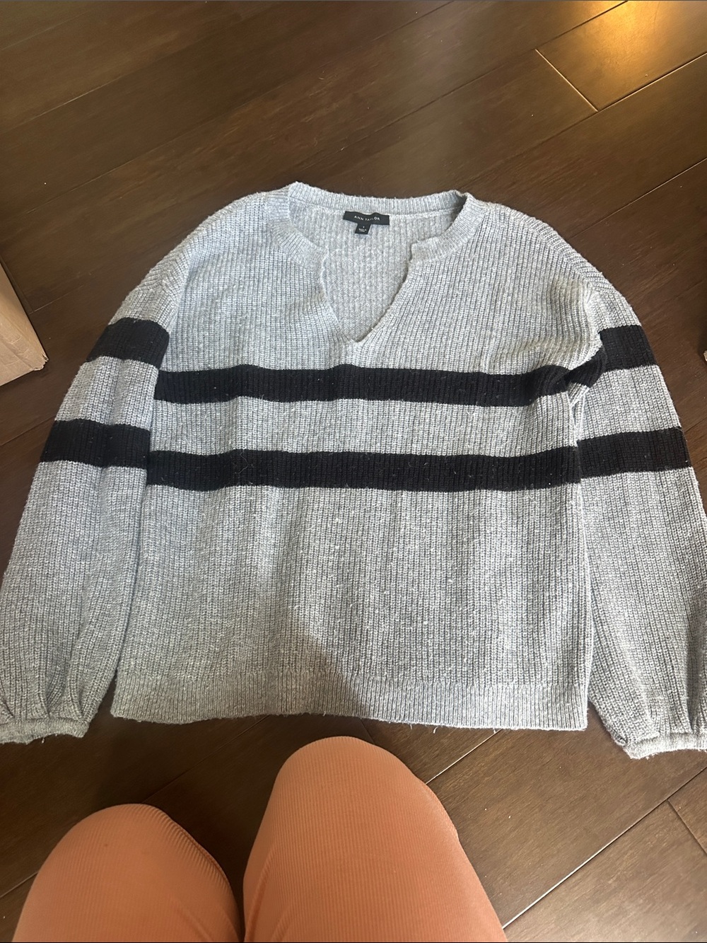 Ann Taylor Men's Light Gray V-Neck Sweater with Black Stripes